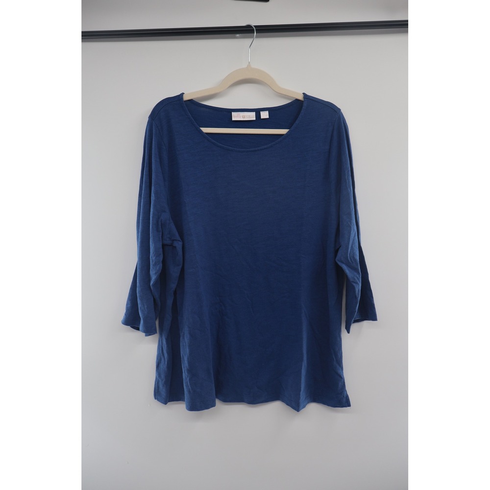 Belle Kim Gravel Blue Slub Knit Elbow Sleeve Top 1X Plus Size